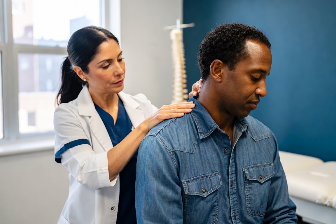 Doctor evaluating a patient's back injury after a car accident at Blue Star Rehabilitation Fort Worth
