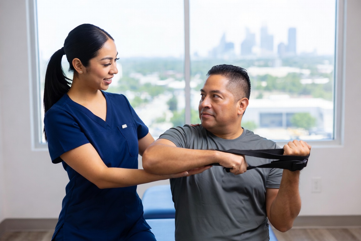 Physical therapist treating a shoulder injury at a Dallas injury clinic