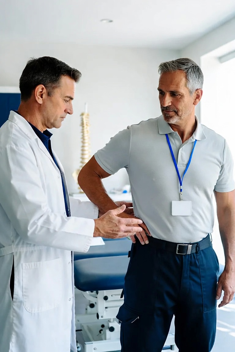 OWCP doctor examining an injured federal worker at a DFW clinic